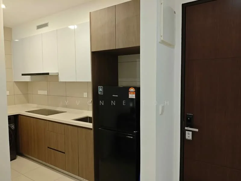 Kitchen features: white upper cabinets, wood lower cabinets, light-colored countertop, stainless-steel sink, black fridge, built-in oven, ceramic tile flooring, wall-mounted cabinets, recessed lighting; style: modern.