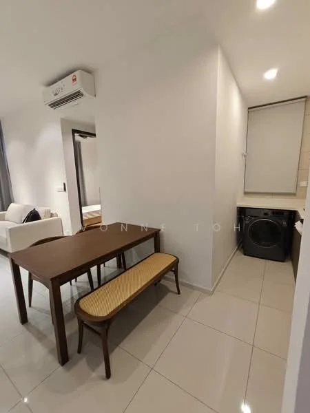 Dining features: dining table with wooden surface, bench seating, white walls, tile flooring, wall-mounted air conditioning unit, laundry area with washing machine, recessed lighting, neutral color scheme; style: modern. Room features: white walls, tile flooring, recessed lighting.