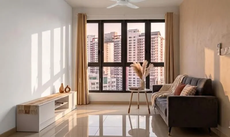 Living features: grey fabric sofa, wooden coffee table, decorative throw blanket, decorative pillows, floor-to-ceiling windows, sheer curtains, light-colored walls, glossy tile flooring, ceiling fan, decorative vase, wooden console table, potted plant; style: modern; view: city.