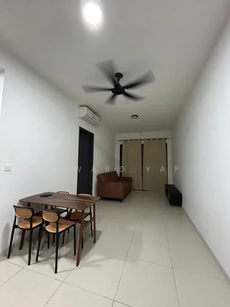 Living features: white painted walls, tile flooring, 5-blade ceiling fan, wall-mounted split AC, brown leather sofa, wooden dining table, 4 wooden dining chairs, black TV console, recessed lighting; style: modern.