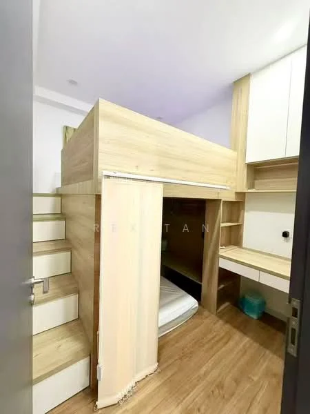 Room features: lofted bed frame, wooden staircase, built-in cabinetry, light wood finish, laminate flooring, wall-mounted storage, curtains, mattress on floor; style: modern.