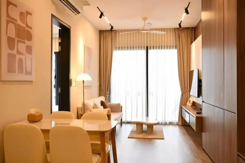 Living features: floor-to-ceiling windows, sheer curtains, 3-blade ceiling fan, wall-mounted TV, wooden TV console, light wood flooring, sofa in beige, coffee table, area rug, recessed LED downlights, decorative wall art, dining table with white chairs; style: modern.