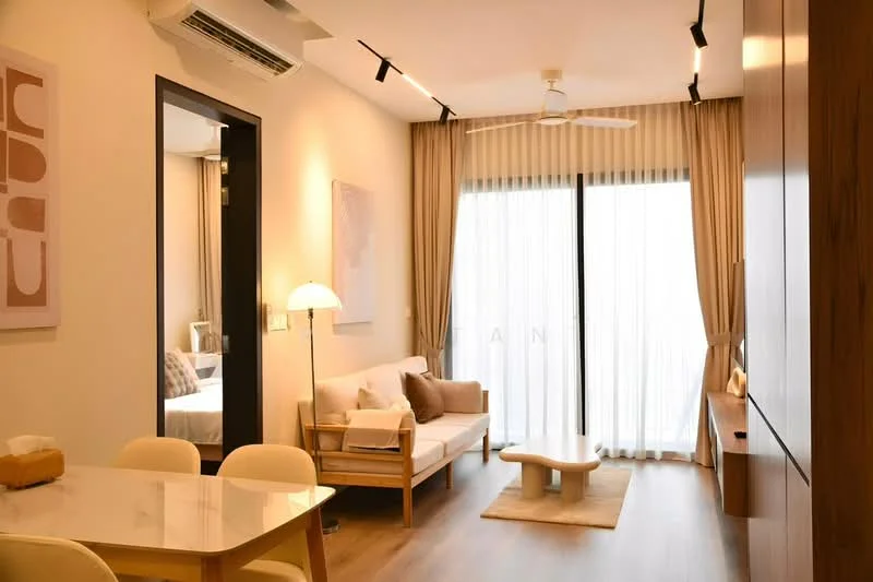 Living features: light wood flooring, floor-to-ceiling windows, sheer curtains, 3-blade ceiling fan, sofa with cushions, coffee table, wall-mounted TV, decorative wall art, LED track lighting, side table with lamp; style: modern. Room features: doorway leading to bedroom, light-colored walls, recessed lighting.