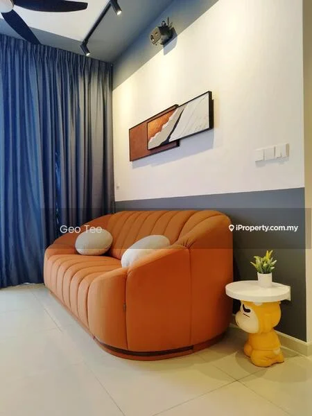 Living features: orange curved sofa, two round cushions, white side table, decorative plant on table, blue curtains, white painted walls, spotlight lighting, tile flooring; style: modern.