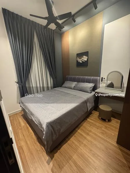 Bedroom features: queen-size bed with grey bedding, upholstered headboard, wooden flooring, floor-to-ceiling curtains in grey, decorative wall paneling in beige, wall-mounted mirror, nightstand with round stool, recessed downlights, 5-blade ceiling fan, accent wall with textured finish; style: modern.