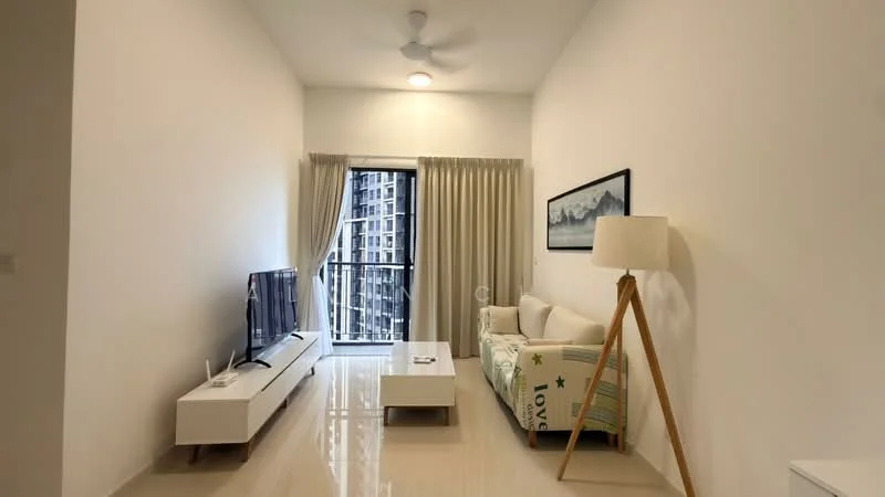 Living features: white painted walls, glossy tile flooring, 5-blade ceiling fan with light, floor-to-ceiling windows, sheer curtains, sliding glass door, TV console, wall-mounted TV, coffee table, 2-seater fabric sofa with colorful pattern, decorative floor lamp, area rug; style: modern; view: city.