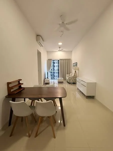 Dining features: white painted walls, glossy tile flooring, 5-blade ceiling fan, dining table with wooden legs, 4 white plastic dining chairs, large window with sheer curtains, air conditioning unit, sideboard cabinet, decorative wall art; style: modern; view: city.