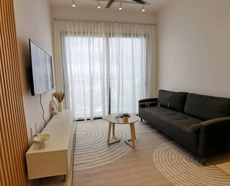 Living features: grey fabric sofa, wooden coffee table, area rug with circular pattern, wall-mounted TV, white TV console, floor-to-ceiling windows, sheer curtains, recessed downlights, wood panel accent wall; style: modern; view: city.
