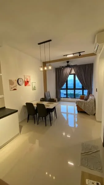 Living features: cream painted walls, white ceiling, recessed downlights, 5-blade ceiling fan, floor-to-ceiling windows, grey curtains, light-coloured sofa, dining table with four chairs, wall clock, framed artwork, polished tile flooring, decorative wall paneling; style: modern; view: city. Kitchen features: black countertop, white cabinetry, built-in appliances; style: modern.