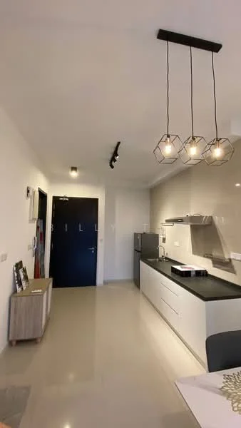 Kitchen features: white cabinetry, black countertop, stainless-steel sink, chrome pull-down faucet, built-in oven, freestanding fridge, 3 pendant lights, grey tiled backsplash, ceramic tile flooring, recessed downlights, open shelving, kitchen island, wall-mounted range hood; style: modern.