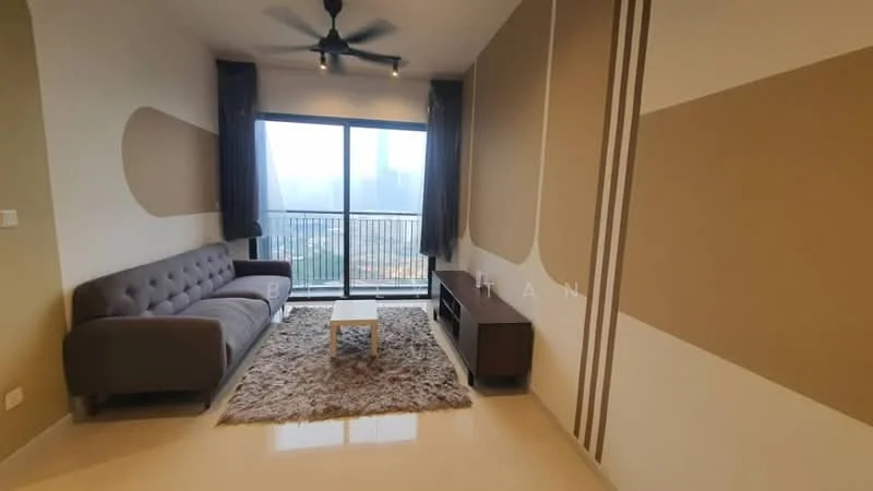 Living features: 3-seater fabric sofa in grey, coffee table, TV console, area rug with geometric pattern, floor-to-ceiling windows, sheer curtains, ceiling fan with light, cream painted walls, accent wall with stripes, polished tile flooring; style: modern; view: city.