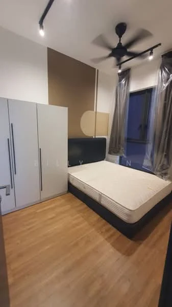 Bedroom features: queen-size bed, upholstered headboard, 2 bedside lamps, built-in wardrobe with sliding doors, wooden flooring, ceiling fan with light, floor-to-ceiling windows with sheer curtains, accent wall in brown; style: modern.