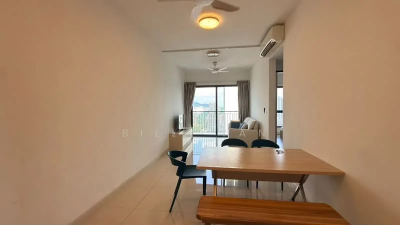 Dining features: dining table with wooden surface, 2 dining chairs in teal, bench seating, white painted walls, tile flooring, ceiling fan with light, wall-mounted TV, floor-to-ceiling windows, curtains, view of city skyline; style: modern; view: city. Living features: sofa in light color, coffee table, TV console, wall-mounted TV, white painted walls, tile flooring, ceiling fan with light, floor-to-ceiling windows, curtains, view of city skyline; style: modern; view: city.