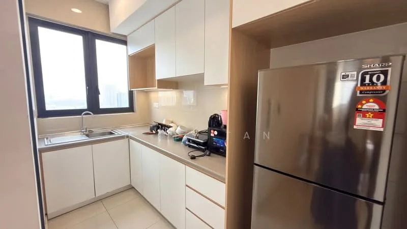 Kitchen features: single-bowl stainless-steel sink, chrome pull-down faucet, white cabinetry, light wood cabinetry, grey countertop, stainless-steel fridge, built-in oven, ceramic tile flooring, window with city view, kitchen appliances on countertop; style: modern; view: city.