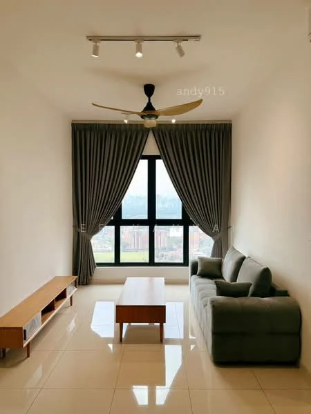 Living features: 3-seater fabric sofa in grey, wooden coffee table, TV console, floor-to-ceiling windows, curtains in grey, recessed downlights, 5-blade ceiling fan, glossy tile flooring, white painted walls; style: modern; view: city.