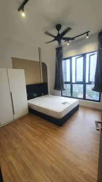 Bedroom features: queen-size bed, upholstered headboard, 2 bedside lamps, floor-to-ceiling windows, blackout curtains, 5-blade ceiling fan with light, wooden flooring, built-in wardrobe; style: modern; view: city.