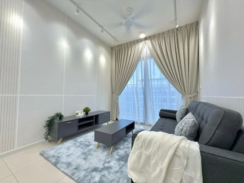 Living features: light grey fabric sofa, coffee table, TV console, area rug with geometric pattern, floor-to-ceiling windows, sheer curtains, recessed downlights, ceiling fan, decorative plant, wall-mounted decor, white painted walls, light tile flooring; style: modern; view: city.
