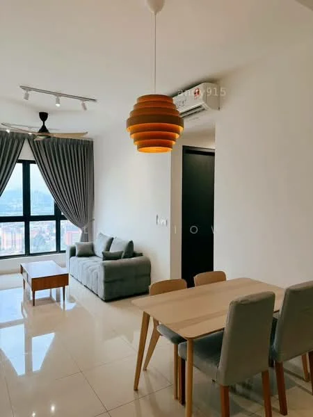 Living features: grey fabric sofa, wood coffee table, 4-seater dining table, upholstered dining chairs, pendant light fixture, floor-to-ceiling windows, curtains, wall-mounted split AC, glossy tile flooring, recessed ceiling lights, neutral painted walls; style: modern; view: city.