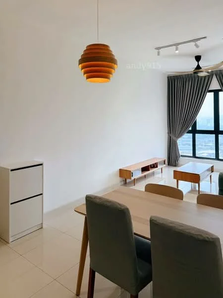 Dining features: dining table with light wood finish, 4 upholstered dining chairs in grey, pendant lamp with wooden slats, floor-to-ceiling windows, grey curtains, white painted walls, glossy tile flooring, sideboard with white finish, wooden console table, recessed downlights, ceiling fan; style: modern; view: city.