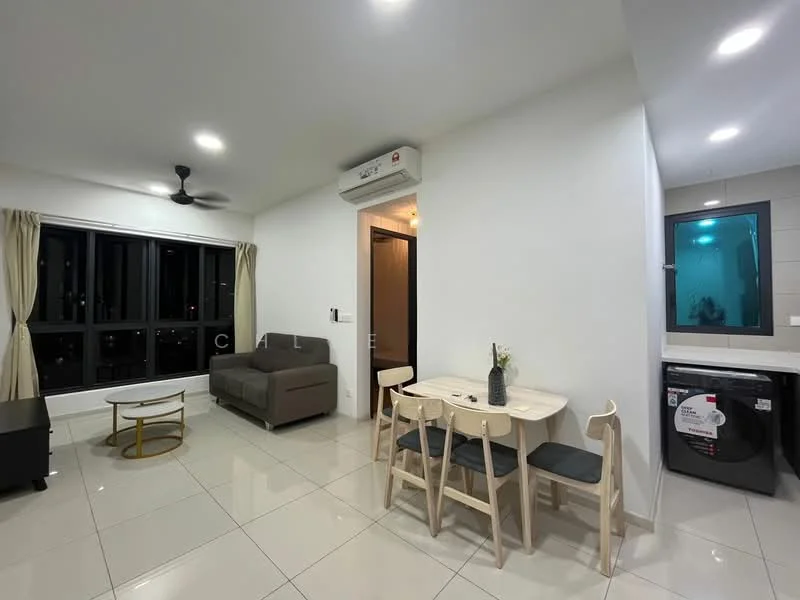 Living features: 3-seater fabric sofa in grey, coffee table with gold frame, floor-to-ceiling windows, sheer curtains, wall-mounted air conditioning unit, recessed downlights, white painted walls, glossy tile flooring; style: modern; view: city. Dining features: 4-seater dining table, wooden dining chairs, white painted walls, glossy tile flooring; style: modern. Laundry features: front-load washing machine, white cabinetry, glossy tile flooring.