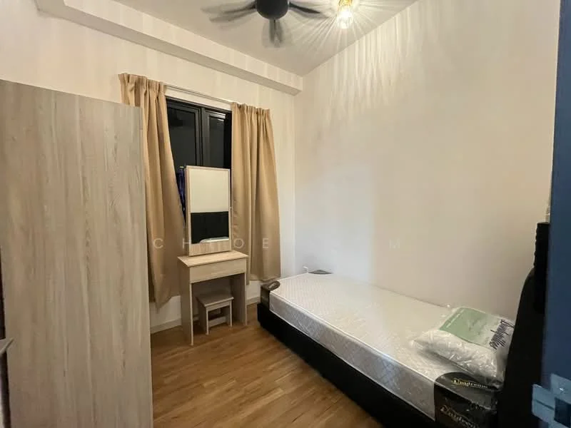 Bedroom features: single bed, wooden flooring, white painted walls, ceiling fan with light, curtains, desk with mirror, wardrobe, window with black frame; style: modern.