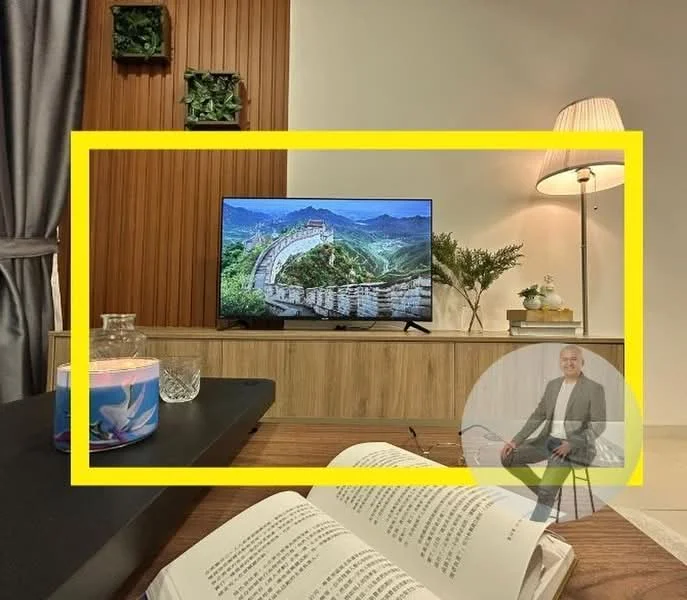 Living features: wood panel accent wall, flat-screen TV on media console, light-colored wooden media console, decorative plants on shelves, table lamp with fabric shade, coffee table, open book on coffee table, glass candle holder, neutral-colored flooring, decorative vase with greenery; style: modern.