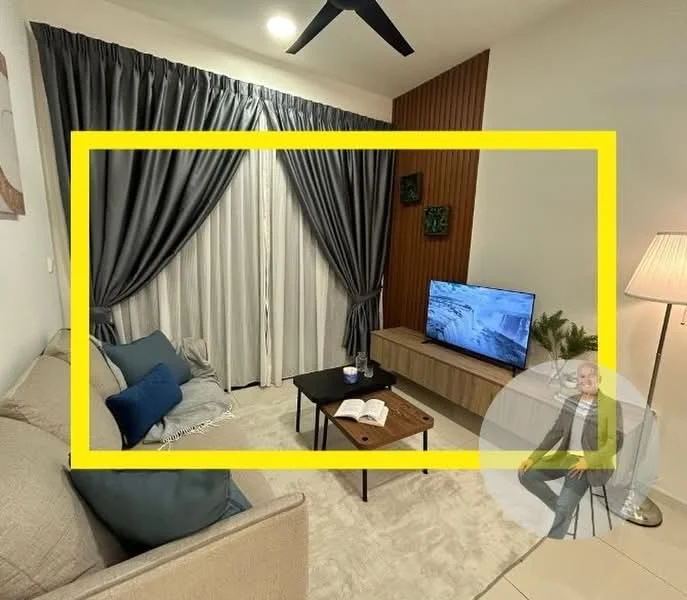 Living features: beige fabric sofa, blue throw pillows, wooden coffee table, wall-mounted TV, light grey curtains, dark grey curtains, area rug, floor lamp, wooden feature wall, ceiling fan; style: modern.