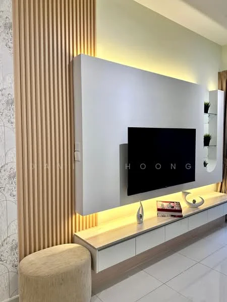 Living features: wall-mounted TV, light wood TV console, white cabinetry, decorative shelving, backlit feature wall, textured wood paneling, ceramic tile flooring, decorative vase, small round ottoman, neutral color palette; style: modern.
