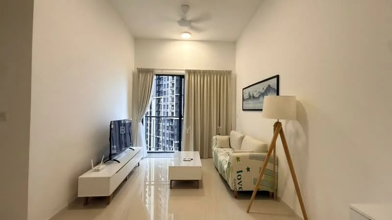 Living features: white painted walls, glossy tile flooring, 5-blade ceiling fan with light, floor-to-ceiling windows, sheer curtains, sofa with colorful fabric, white TV console, wall-mounted TV, decorative floor lamp, coffee table; style: modern; view: city.