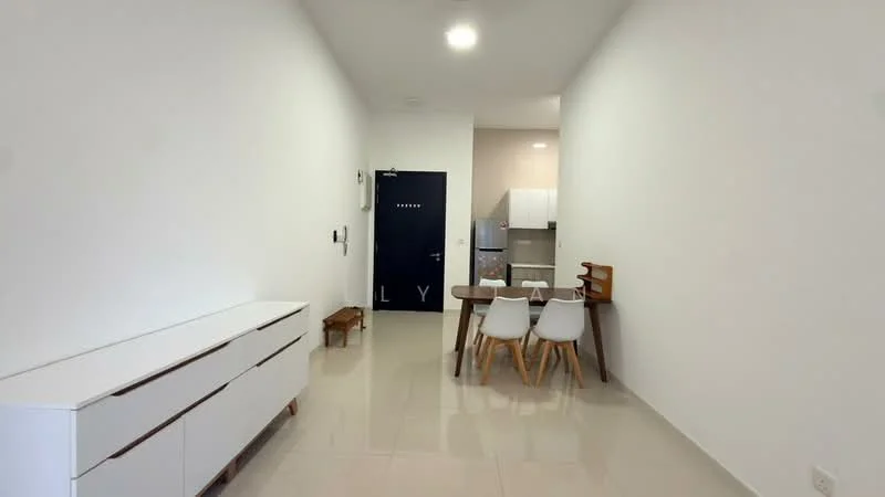 Living features: white painted walls, glossy tile flooring, recessed downlights, dining table with 4 chairs, white sideboard, black door, kitchen area visible in background, open layout; style: modern.