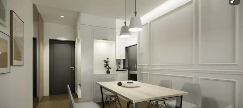 Dining features: light wood dining table, 4 grey plastic dining chairs, white painted walls with wainscoting, recessed ceiling lights, pendant lights above table, built-in cabinetry with white finish, black countertop, small indoor plant on countertop, dark door leading to hallway, laminate flooring in light wood tone; style: modern.