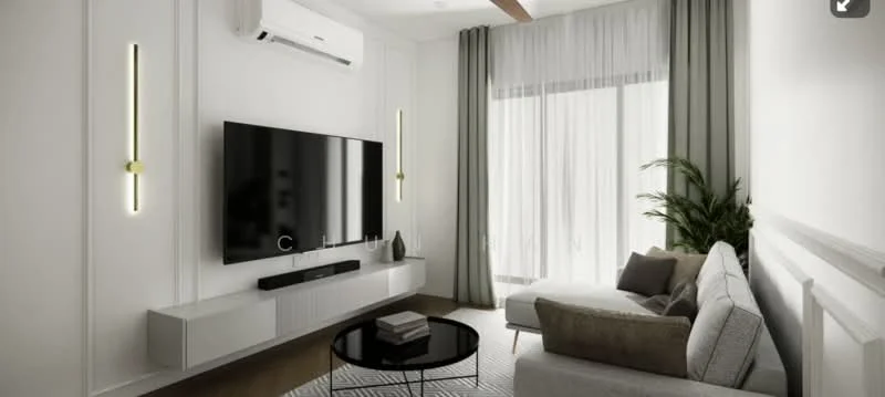 Living features: light grey fabric sofa, round black coffee table, wall-mounted flat-screen TV, white media console, recessed lighting, 2 wall sconces, floor-to-ceiling windows with sheer curtains, green indoor plant, wooden flooring, ceiling-mounted air conditioning unit, decorative wall paneling, area rug with geometric pattern; style: modern.