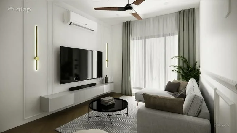 Living features: 3-seater fabric sofa in grey, round coffee table with black top, TV console with wall-mounted TV, 2 wall-mounted sconces, ceiling fan with wooden blades, floor-to-ceiling windows with sheer curtains, decorative indoor plant, geometric area rug, white painted walls with paneling, light-colored wooden flooring; style: modern.