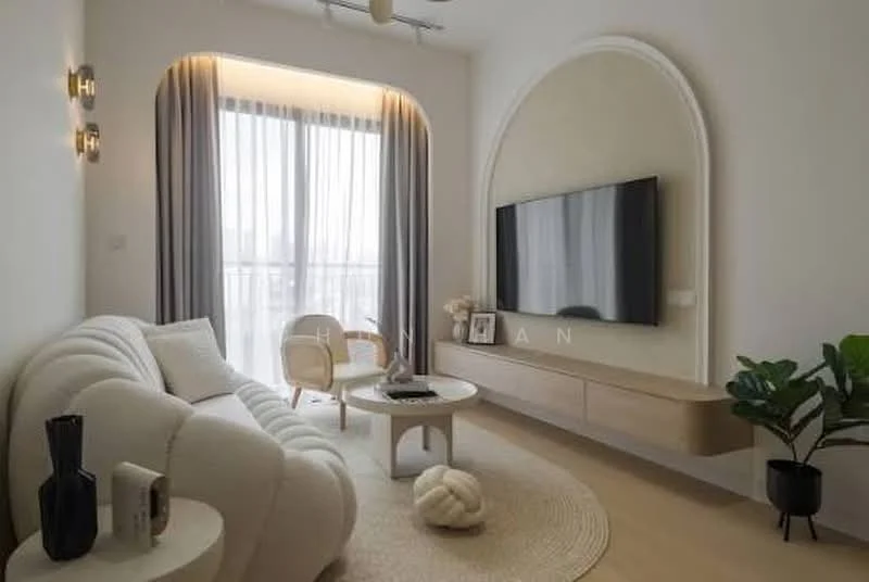 Living features: curved white fabric sofa, 2 accent chairs in light color, round coffee table, wall-mounted TV, light wood media console, floor-to-ceiling windows with sheer curtains, light-colored flooring, decorative plant in pot, wall sconces, arched wall feature; style: modern; view: city.