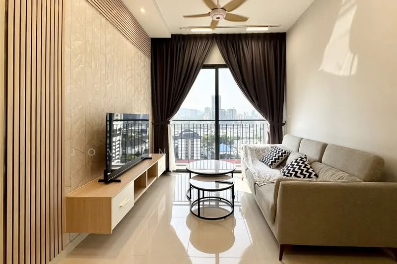 Living features: 3-seater fabric sofa in light grey, coffee table with round top and black metal base, wall-mounted TV, wood panel accent wall, floor-to-ceiling windows, blackout curtains, light-colored tiled flooring, ceiling fan with light, decorative cushions with geometric pattern, open view of the city skyline; style: modern; view: city.