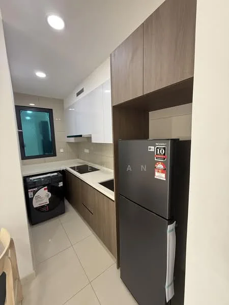 Kitchen features: white upper cabinets, wood lower cabinets, black refrigerator, double-bowl stainless-steel sink, chrome pull-down faucet, built-in oven, ceramic tile flooring, recessed downlights, window with black frame, washing machine, countertop with light-colored surface; style: modern.
