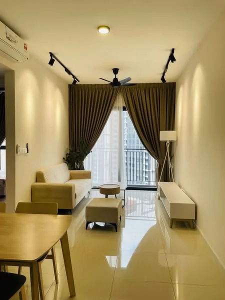 Living features: 3-seater fabric sofa in beige, coffee table, TV console, floor-to-ceiling windows, sheer curtains, 5-blade ceiling fan with light, recessed LED downlights, decorative plant, polished tile flooring, wall-mounted lamp, neutral painted walls; style: modern; view: city.