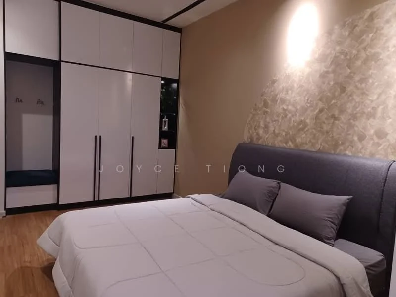 Bedroom features: queen-size bed with grey upholstered headboard, bedding in light grey, wooden flooring, built-in wardrobe with white doors and black handles, decorative wall with textured finish, nightstand with no visible features, soft lighting, minimalist decor; style: modern.