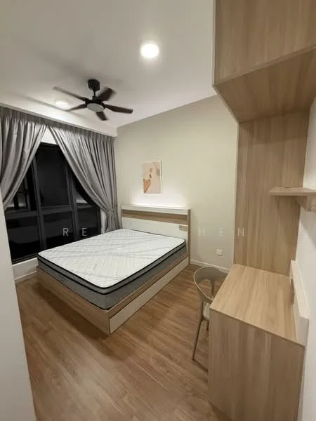 Bedroom features: queen-size bed frame, wooden flooring, light grey curtains, ceiling fan, wall-mounted shelf, wooden study desk, chair, neutral wall color, artwork on wall, built-in wardrobe; style: modern.