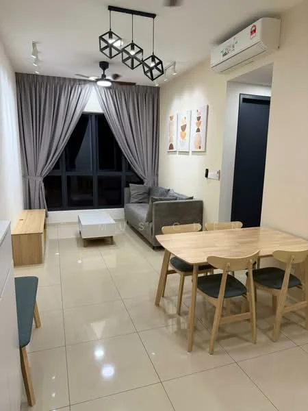 Living features: grey fabric sofa, wooden dining table, 4 wooden dining chairs, white sideboard, floor-to-ceiling windows, sheer curtains, ceiling fan with light, recessed downlights, cream painted walls, glossy tile flooring, decorative wall art; style: modern.