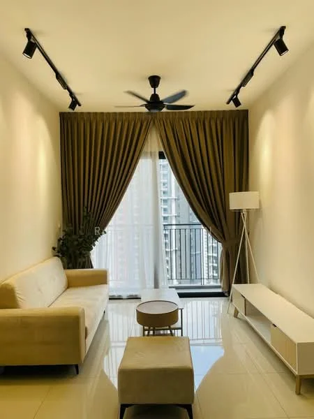 Living features: beige fabric sofa, round coffee table, ottoman, floor lamp, TV console, floor-to-ceiling windows, sheer curtains, dark brown curtains, 5-blade ceiling fan with light, recessed LED downlights, glossy tile flooring, indoor plant; style: modern; view: city.