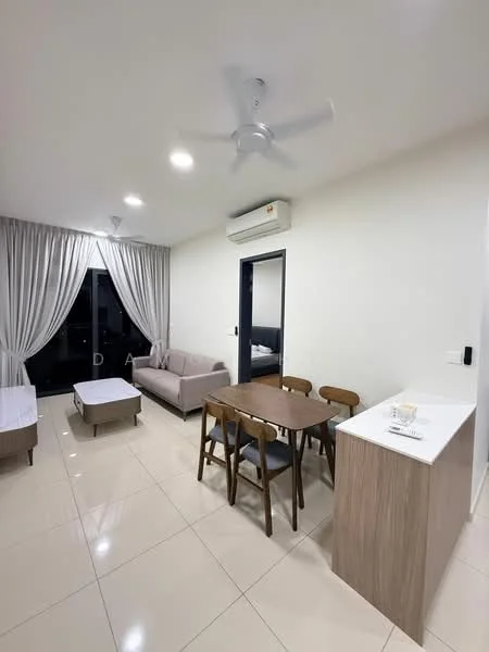 Living features: 3-seater fabric sofa in light grey, 2 coffee tables, dining table with 4 wooden chairs, white walls, recessed downlights, ceiling fan, floor-to-ceiling windows with sheer curtains, glossy tile flooring, air conditioning unit; style: modern; view: city.