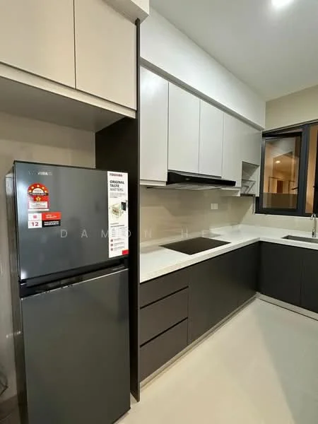 Kitchen features: black fridge, white upper cabinets, dark grey lower cabinets, white quartz countertop, black sink, chrome pull-down faucet, built-in stove, wall-mounted range hood, tile backsplash, recessed downlights, floor-to-ceiling windows, open shelving; style: modern.