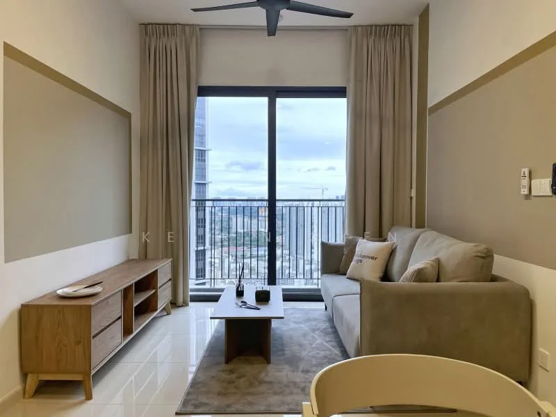 Living features: floor-to-ceiling windows, grey fabric sofa, wooden coffee table, TV console with storage, cream area rug, ceiling fan, curtains, neutral painted walls, glossy tile flooring; style: modern; view: city.
