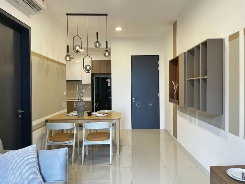 Dining features: dining table with 4 chairs, pendant lighting with multiple bulbs, white walls, cream accent wall, ceramic tile flooring, built-in wall shelving, black refrigerator, door with handle, air conditioning unit on wall, neutral-colored sofa, decorative vase on table; style: modern.