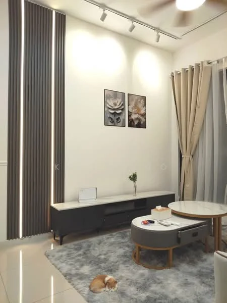 Living features: white painted walls, grey accent wall, recessed LED downlights, 5-blade ceiling fan, floor-to-ceiling windows with sheer curtains, cream area rug, round coffee table with wooden legs, black TV console, framed artwork on walls, decorative plant, grey upholstered sofa, small dog on the floor; style: modern.