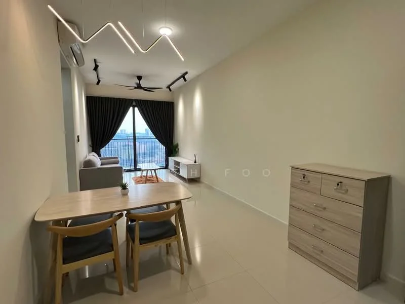 Living features: light-colored painted walls, glossy tile flooring, 5-blade ceiling fan with light, recessed LED downlights, sofa in light grey fabric, dining table with 4 chairs, sideboard with drawers, floor-to-ceiling windows, curtains, view of the city skyline; style: modern; view: city.