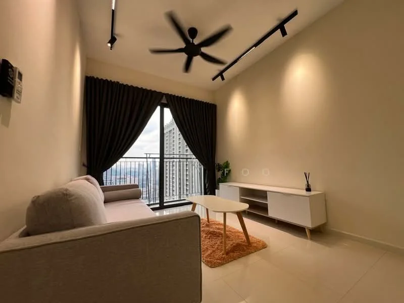Living features: 3-seater fabric sofa in light grey, 2-seater fabric sofa in light grey, coffee table, TV console, area rug in orange, floor-to-ceiling windows, blackout curtains, 5-blade ceiling fan, recessed LED downlights, wall-mounted TV, decorative plant in pot, neutral painted walls, glossy tile flooring; style: modern; view: city.