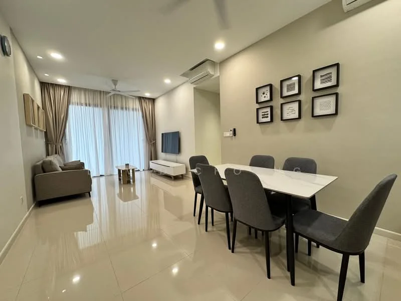 Living features: 3-seater fabric sofa in light grey, coffee table, wall-mounted TV, TV console in white, dining table for 6 with upholstered chairs, floor-to-ceiling windows, sheer curtains, recessed LED downlights, polished ceramic tile flooring, light grey painted walls, ceiling fan; style: modern; view: garden.