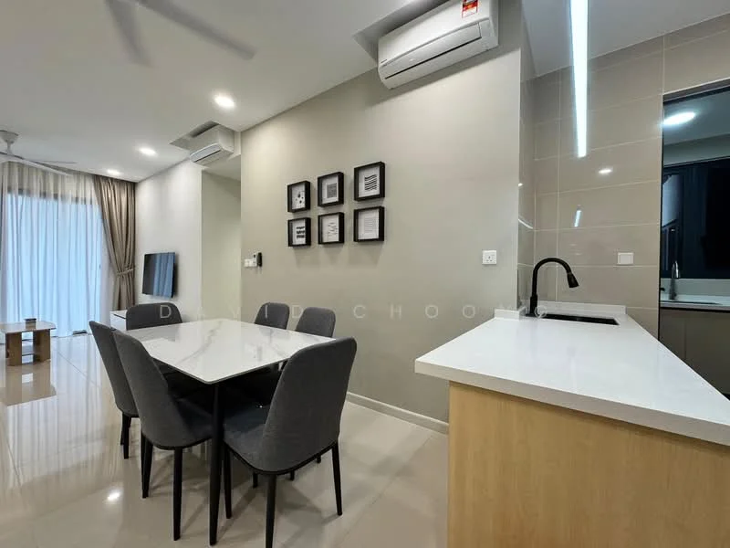 Dining features: 6-seater dining table, grey upholstered dining chairs, white marble tabletop, wall-mounted TV, floor-to-ceiling windows, curtains, recessed LED downlights, wall art in black frames, air conditioning unit, open kitchen layout; style: modern. Kitchen features: white quartz countertop, single-bowl stainless-steel sink, chrome pull-down faucet, built-in cabinetry, stainless-steel appliances, tile backsplash; style: modern.